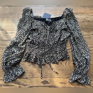 Dress Forum Smocked Floral Peasant Blouse Black Tan Size M NWT